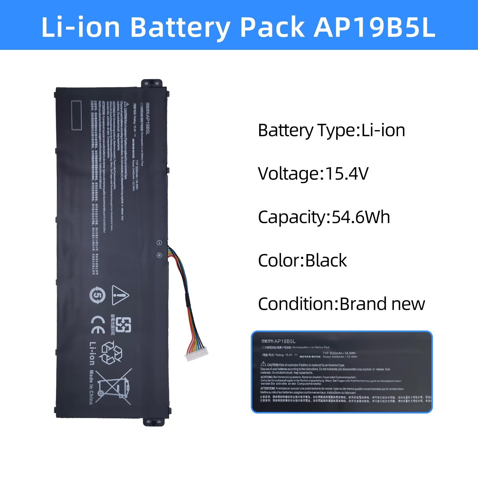 AP19B5L Batterie de rechange pour ordinateur portable ACER Aspire 5 A515-56G-77WL A515-55 A515-43 A515-44 A514-54 Swift 3 SF314-42-R9YN TravelMate P215-52 Series KT004050101010 4INP5 /61/71