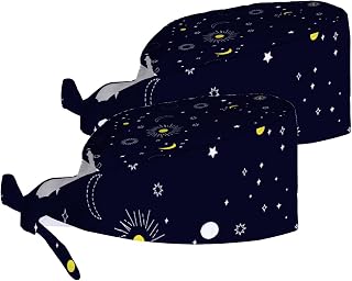 Adjustable Working Cap Set 2 with Buttons and Sweatband Space Sun and Stars Navy Blue Bandage Cap Work Hats Set for Women Caps Tie Back Hats for Men,Long Hair