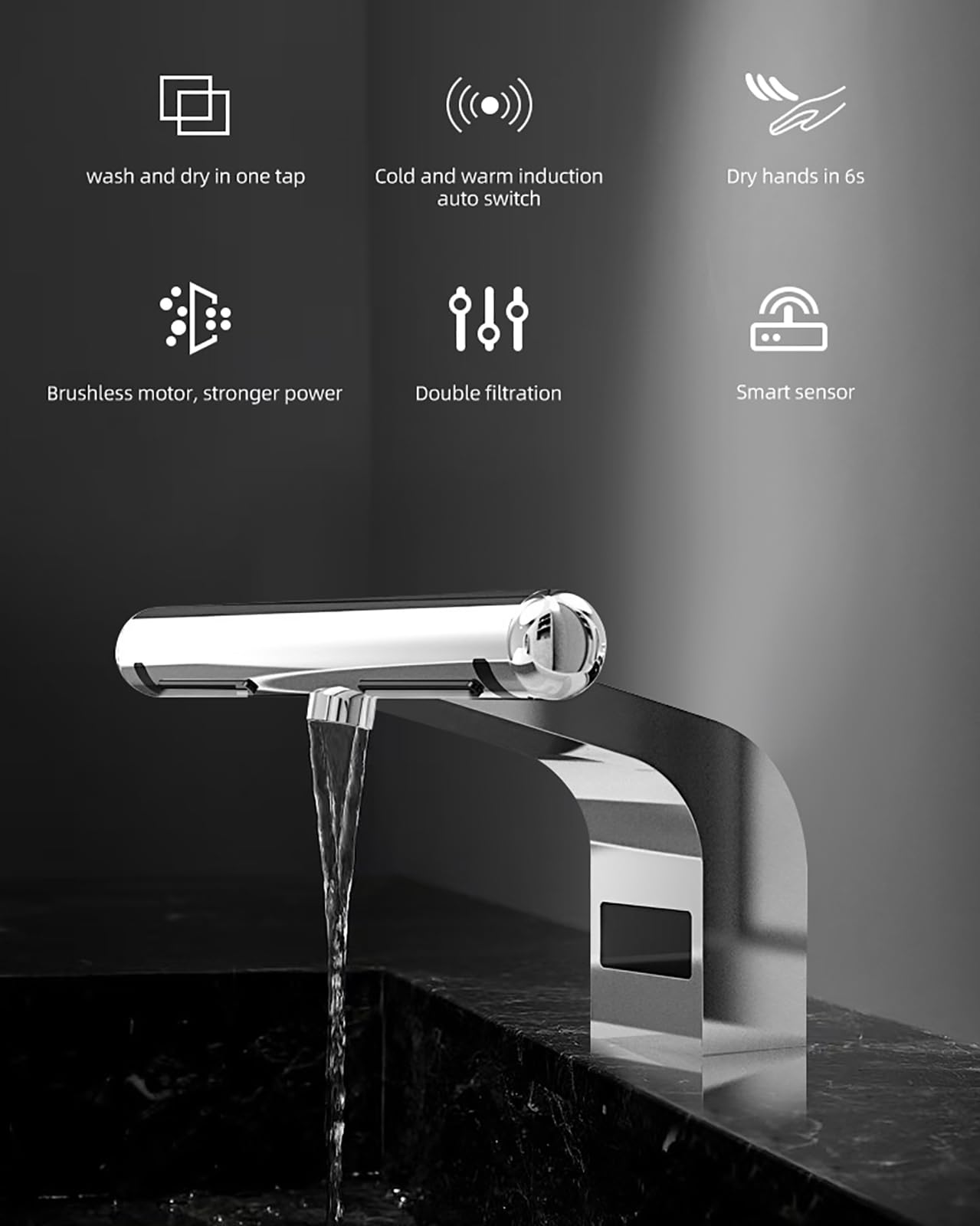 Asciugamani e rubinetto con sensore automatico, soluzione 2 in 1 per lavaggio e asciugatura delle mani, asciugatura rapida 6s, per cucina e bagno
