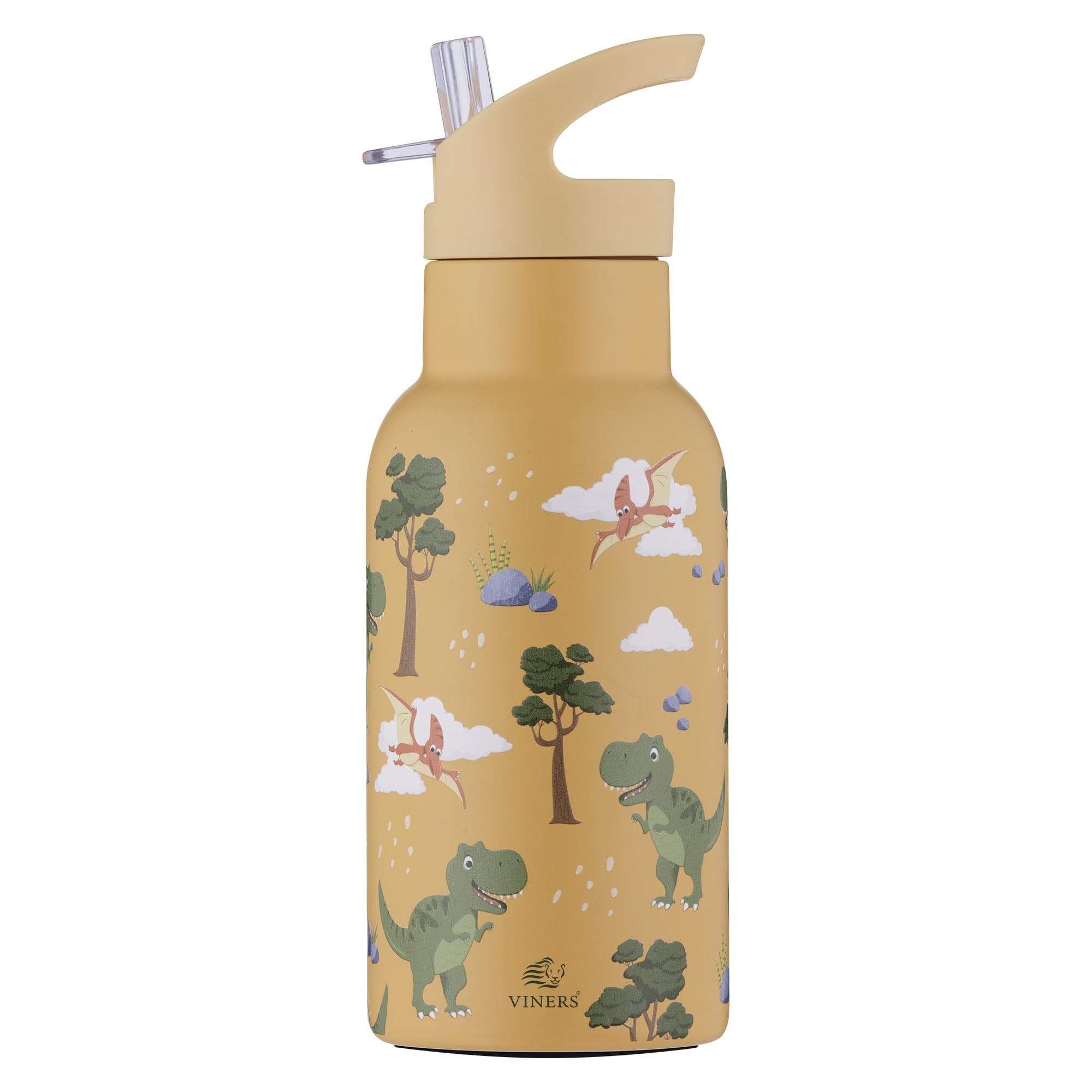 Viners Kids Dinosaur Water Bottle 350ml | Insulated Stainless Steel Bottle with Flip Straw | Leak Resistant | Keeps Drinks Cold 6h / Warm 3h | Lightweight with Handle | Children’s School Bottle 3+
