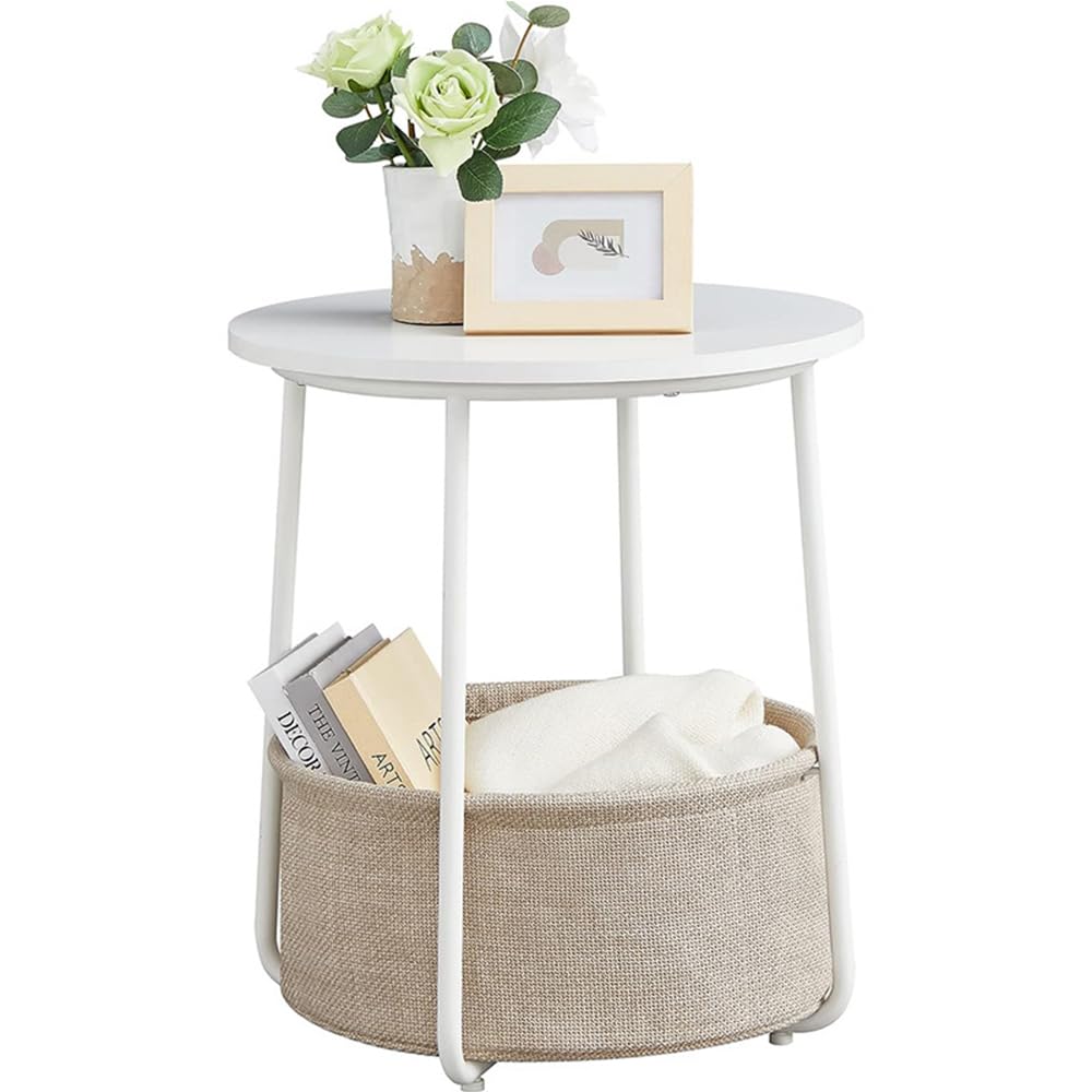 Modern side table with removable storage basket, small coffee table for living room. Round disc top and fabric storage basket