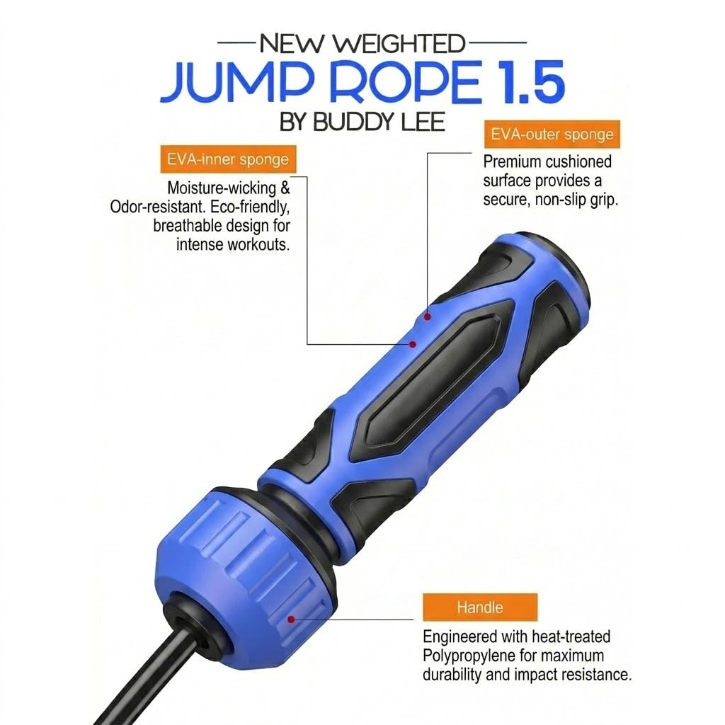 Buddy Lee - Corda per saltare pesata, 0,7 kg, resistente corda in PVC da 10 mm, con lunghezza regolabile, manici Power Grip e custodia per il trasporto, corda per saltare (rosso e nero)