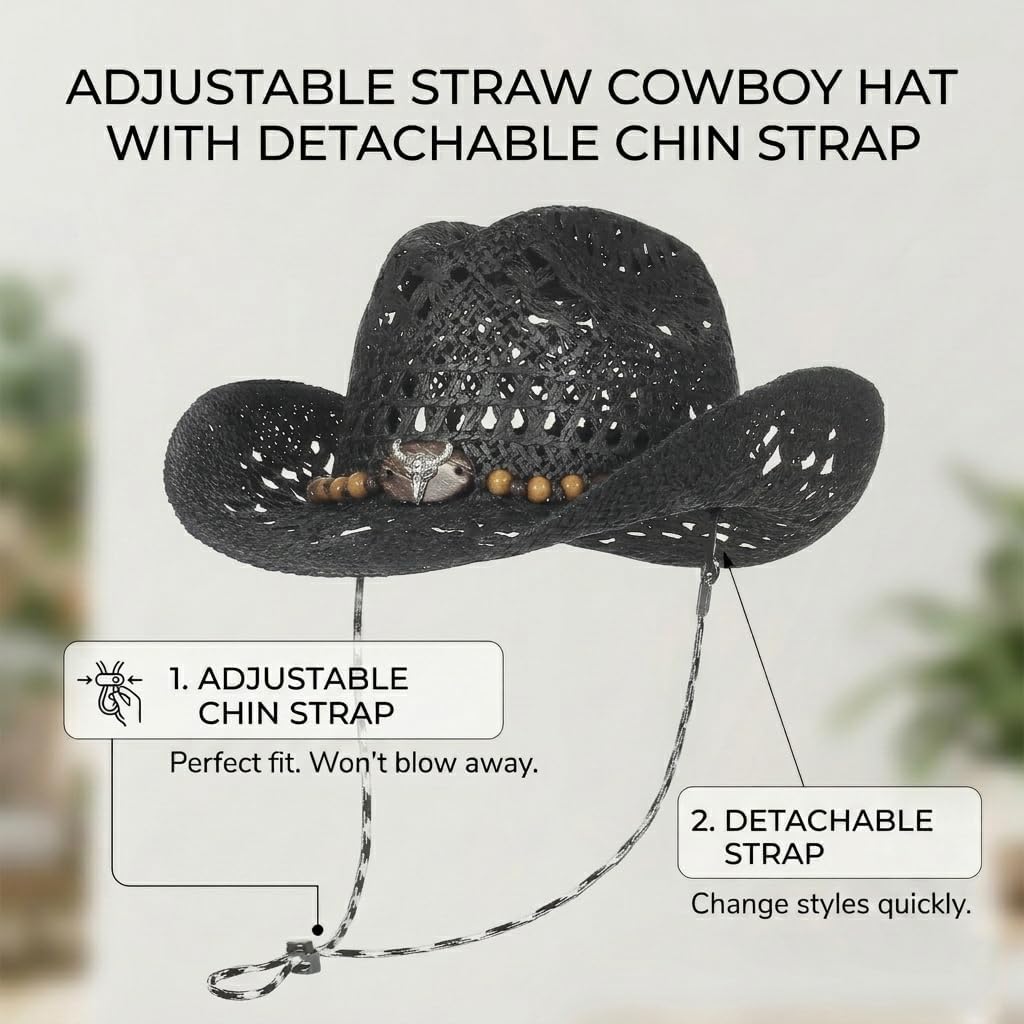 Straw Cowgirl Hat for Women Men Western Cowboy Hat Woven Hollow Out Wide Brim Sun Hat with Chin Strap
