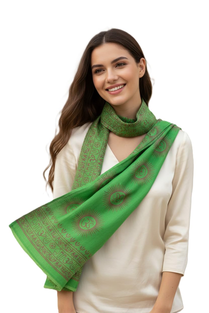 Bright Green Om Sun Mandala Print Rayon Sarong | Hand Screen Print | 200×103 cm-image-0