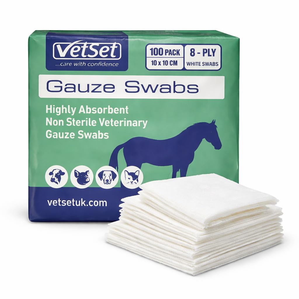VetSet Veterinary Gauze Swabs for Horses, Dogs, Cats & Animals, 10cm x 10cm| Highly Absorbent Non Sterile Dressing Pads (8 Ply – Standard Thickness, 100 Pack)