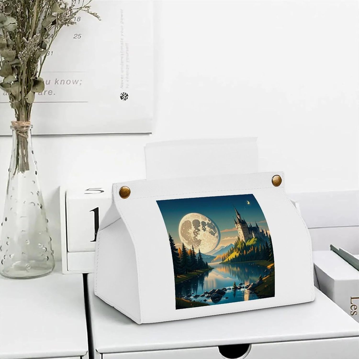 Decorative PU Tissue Paper Holder Riverside Lakes and The Moon Printed Tissue Box Cover Napkin Tissues Organizer Home Decor for Bathroom Night Stands Desk Car Dining Table image 5