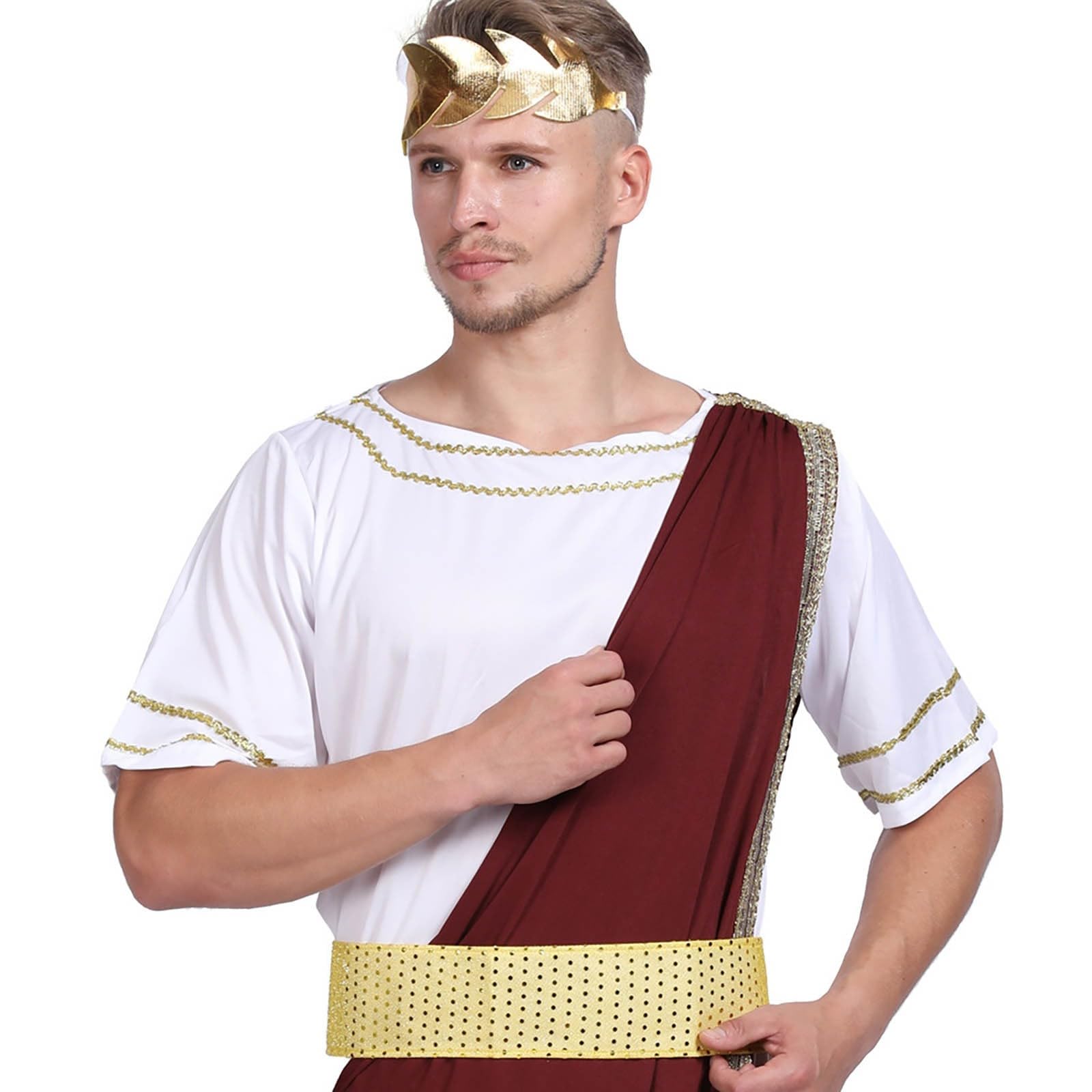 Men's Roman Senator Costume, Classic Ancient Greek Toga Outfit with Red Sash & Gold Trim - Image 7