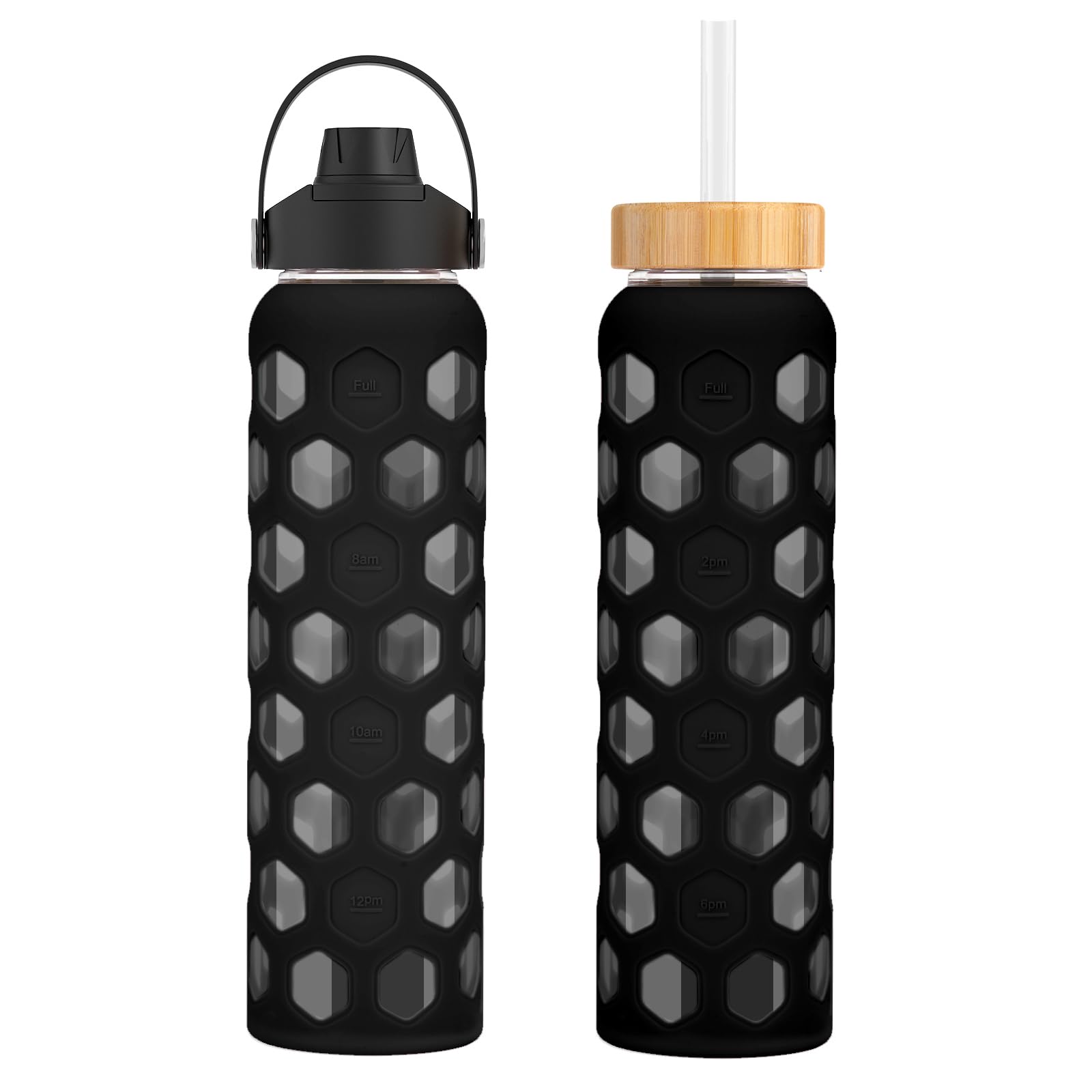 32 oz Glass Water Bottles with 2 Lids - Handle Spout Lid & Bamboo Straw Lid, Motivational Water Tumbler with Time Marker Reminder and Silicone Sleeve, Dishwasher Safe (Black-1 Pack)