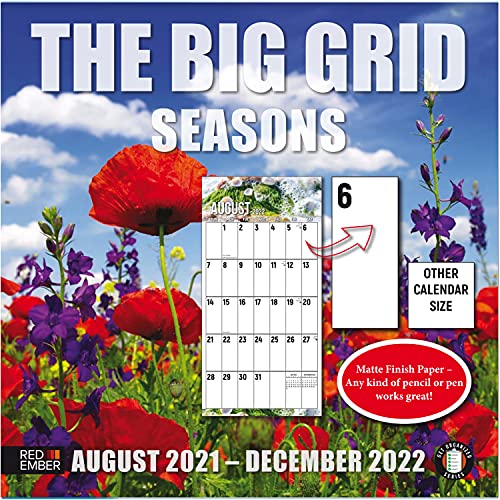 RED EMBER The Big Grid Jumbo Large Print Wall Calendar - Seasons in Nature (Deluxe Edition) Starting in August 2022 to Dec 2022 - 12 in. x 24 Inches When Open- Any Pen or Pencil Works Great