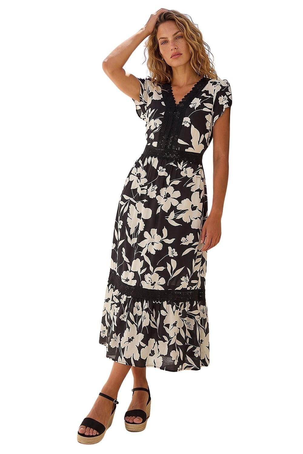 Roman Women's Black Floral Print Lace Trim Maxi Dress Size 18