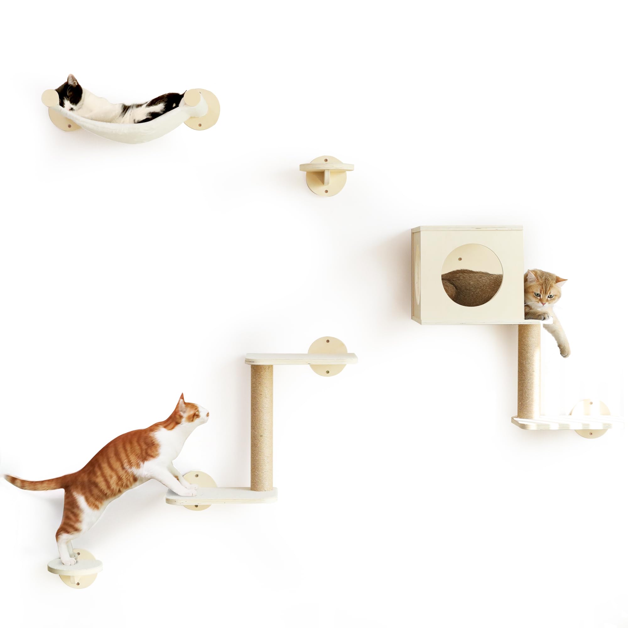 FUKUMARU Estantes de pared para gatos, juego de muebles de pared de madera estable, 5 piezas, escalador de gatitos con hamaca, casa, escalones, poste rascador, beige