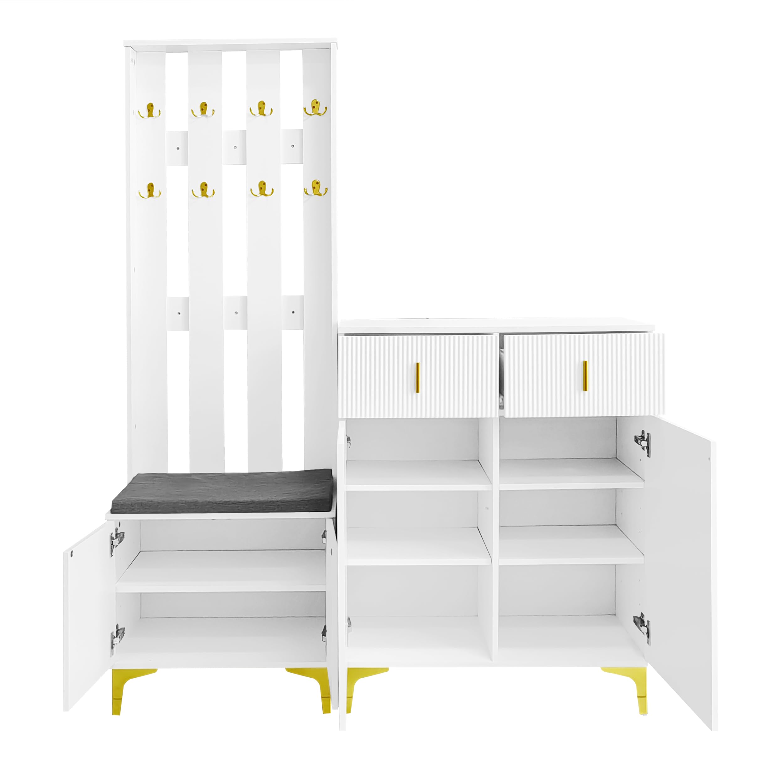 Garderobenset Wandgarderobe mit Schuhbank und Kissen, Schuhschrank Flurgarderobe, Kompaktgarderobe 143,2x180,5x35,2cm Weiß