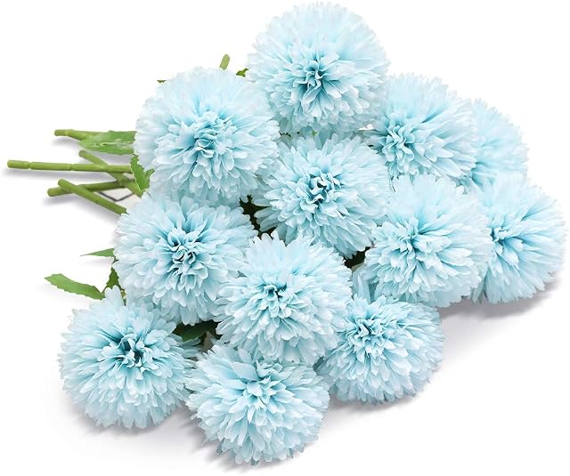 Floweroyal Artificial Flowers 12pcs Chrysanthemum Ball Flowers Silk Hydrangea Bridal Wedding Bouquet for Home Garden Party Office Coffee House Decorations (Blue).