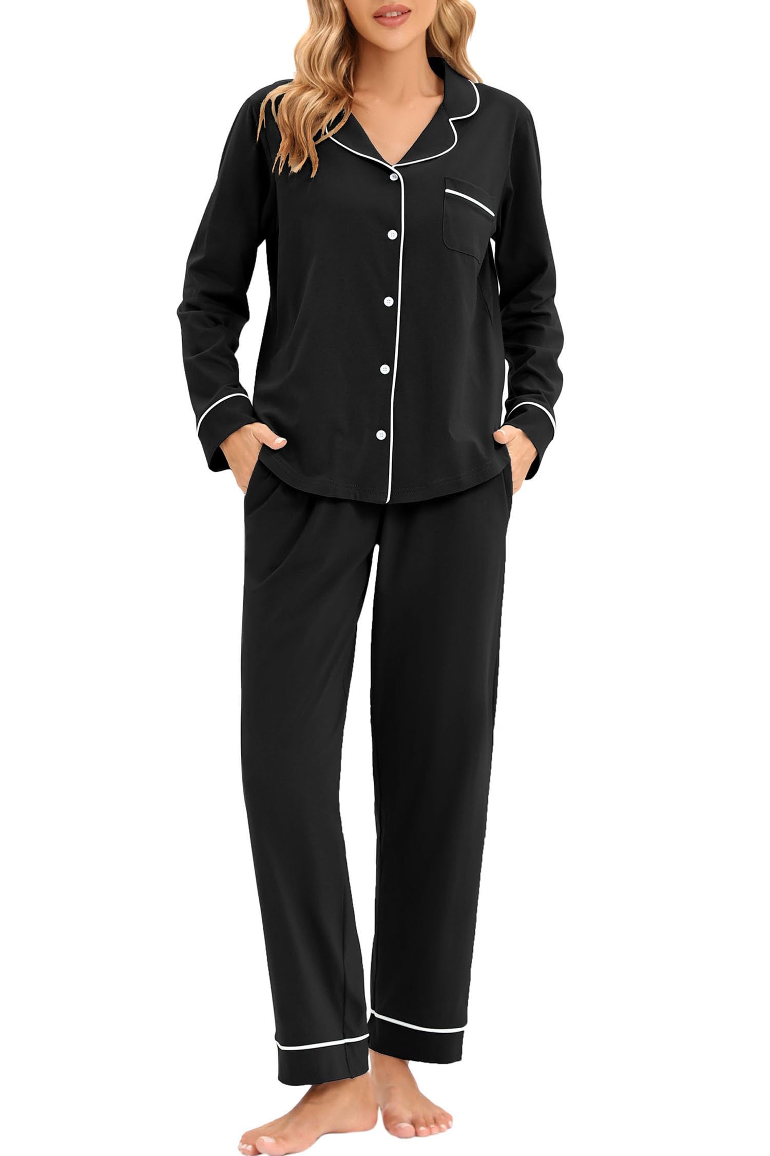 LUBOT 100% Cotton Pajamas for Women PJ Set Soft Button-Down 2 Piece Set Knitted Long Sleeve Sleepwear Loungewear XS-XXL