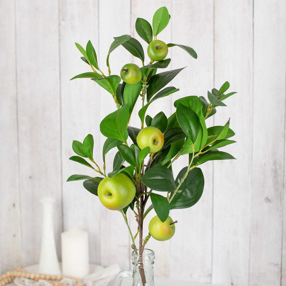 Factory Direct Craft Artificial Green Apple Stem - Granny Smith Apple Tree Branch for Summer Flower Arrangements and Faux Fruit Displays (35 Inches Long)