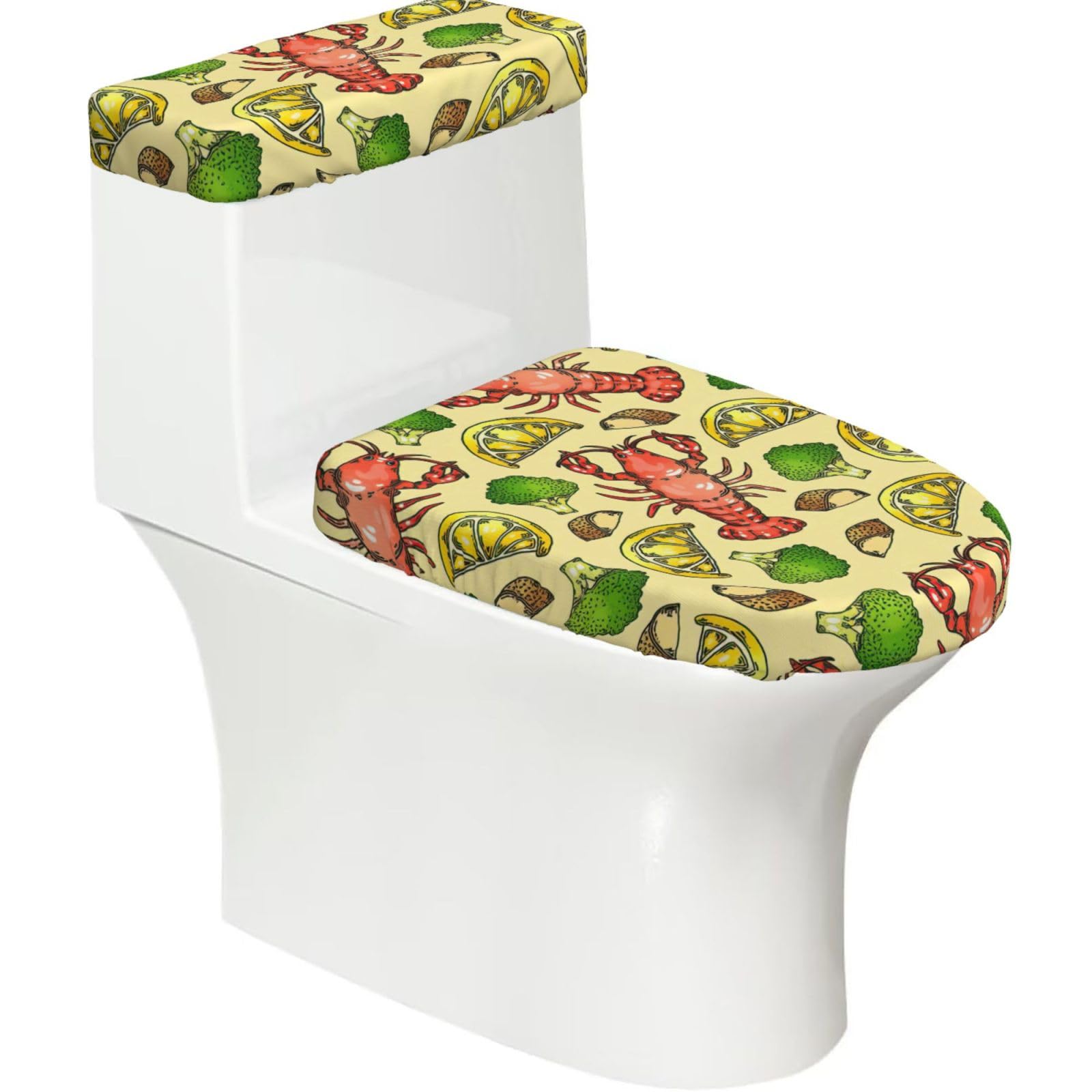 Lobster and Lemon Print 2-Piece Stretch Toilet Cover Set, Elastic Breathable Toilet Seat and Tank Lid Protector