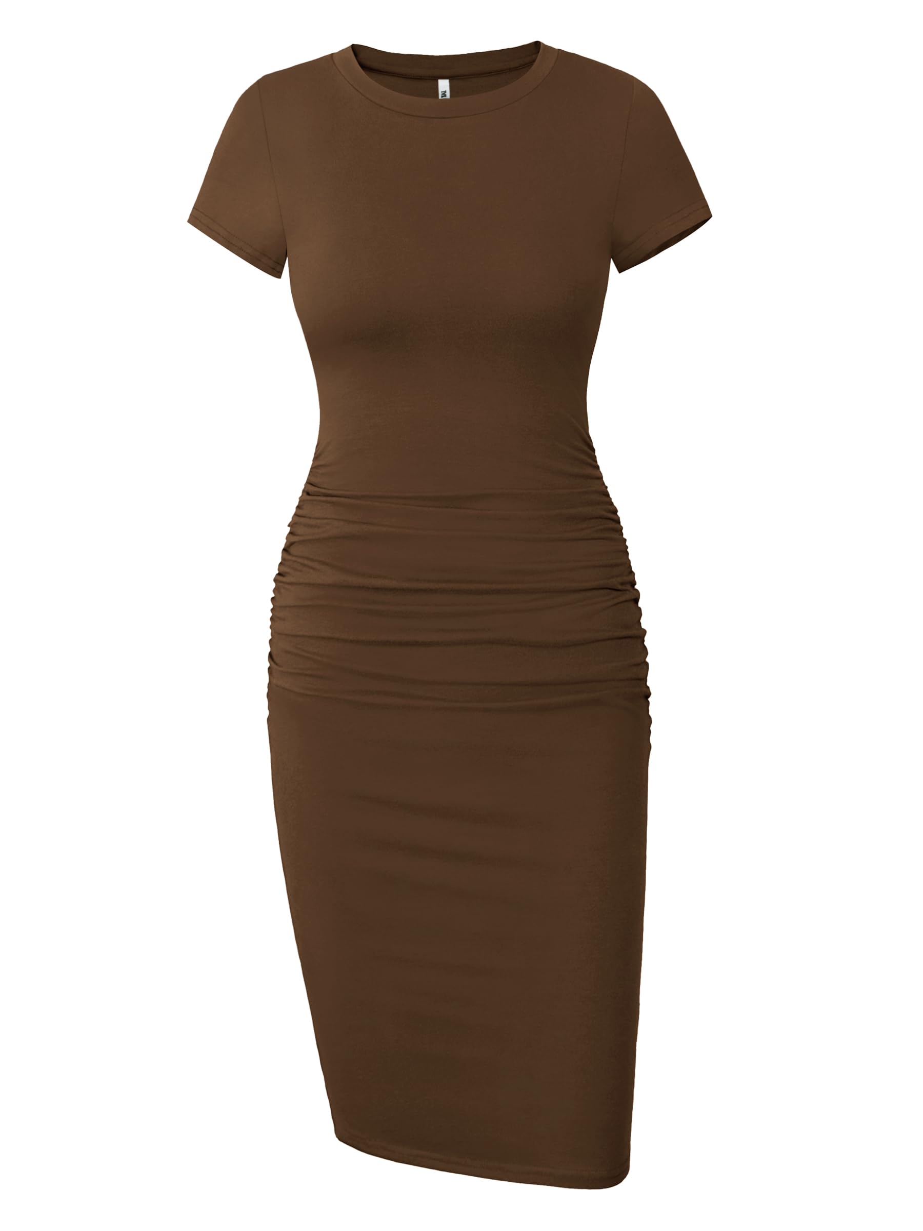 Missufe Women's Ruched Casual Sundress Midi Bodycon Sheath Dress (Coffee, Medium)