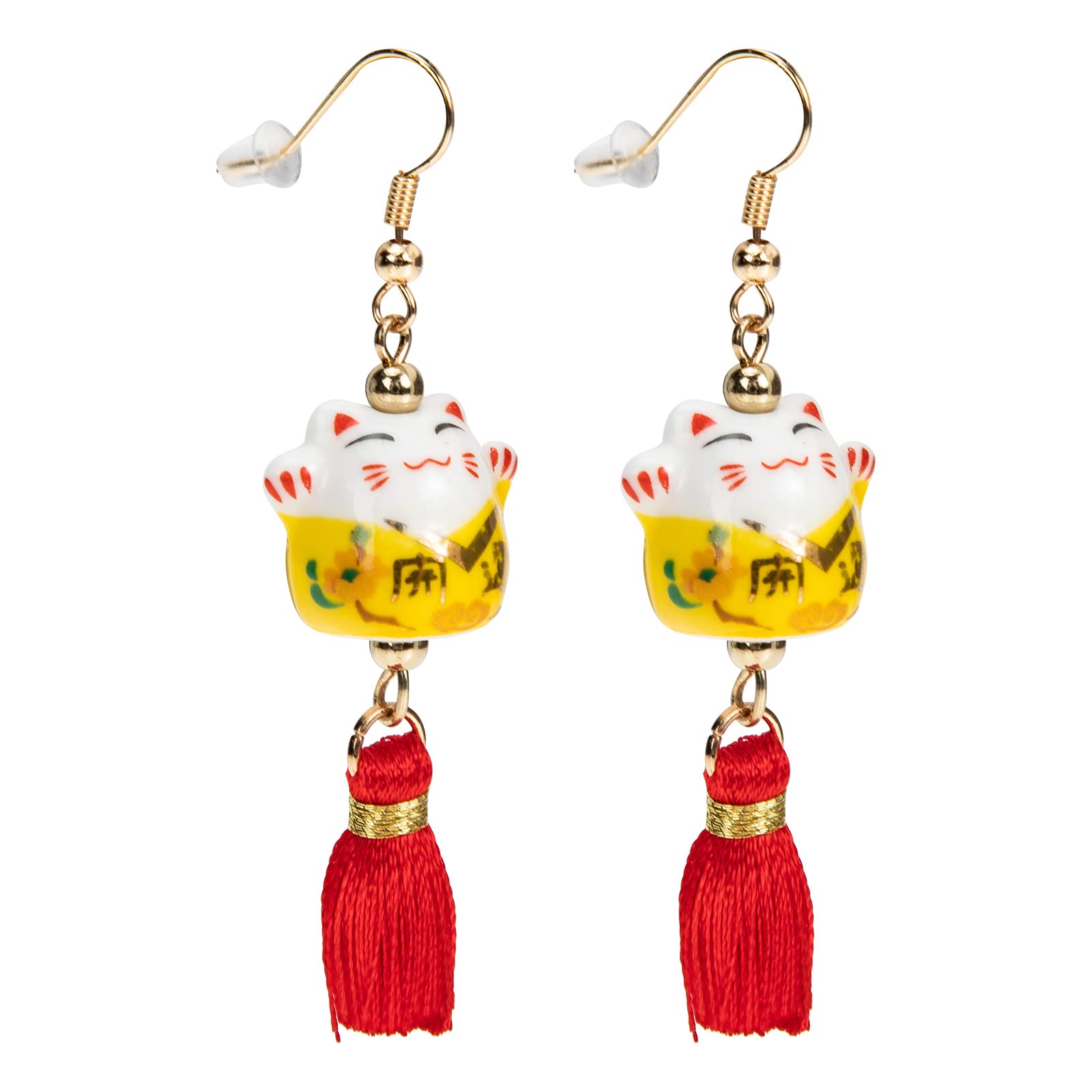 HolibannaCeramic Lucky Cat Earrings Beckoning Cat Maneki Neko Cat Dangle Drop Earrings for Good Luck Feng Shui Women Birthday Gift