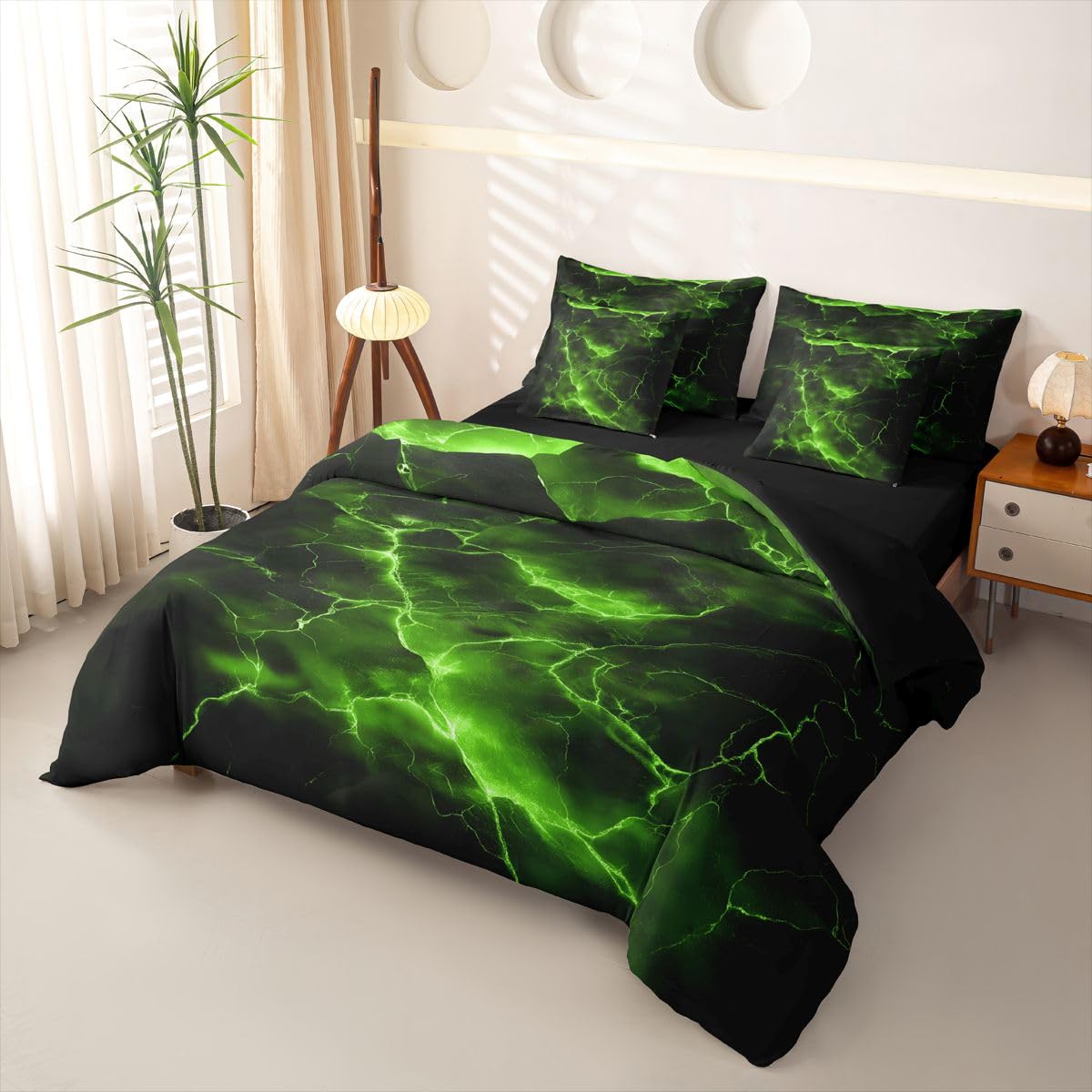 Loussiesd Juego de funda de edredón de 7 piezas para niños y niñas, color verde y negro, con funda de edredón, sábanas, fundas de almohada, fundas de cojín, color verde y negro