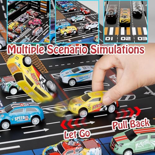 Image of Toy Cars Set 48 Pieces Pull Back Alloy Model Cars with Carry Case Handle, Mini Metal Racing Cars Collection with Storage Box, Tiered Display Stand and Foldable City Road Map Play Mat for Kids