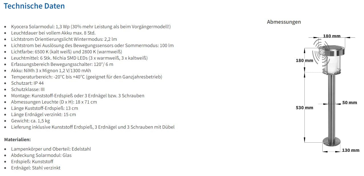 esotec Solar Wegeleuchte mit Bewegungsmelder Ancona, Gartenlampe Standleuchte für außen, DuoColor warmweiß kaltweiß, Edelstahl, H=71cm, IP44, 102534