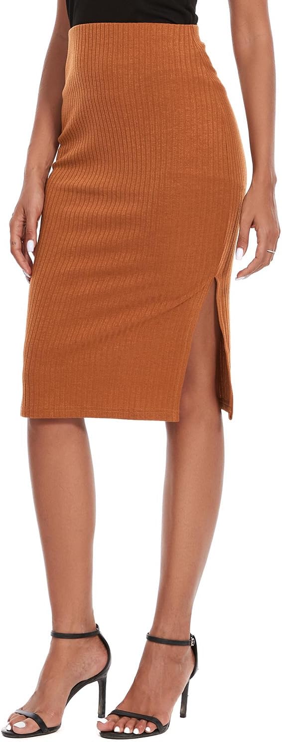 Women's Knee Length Knit Pencil Skirt Stretchy Side Slit Bodycon Midi Skirt - Image 4