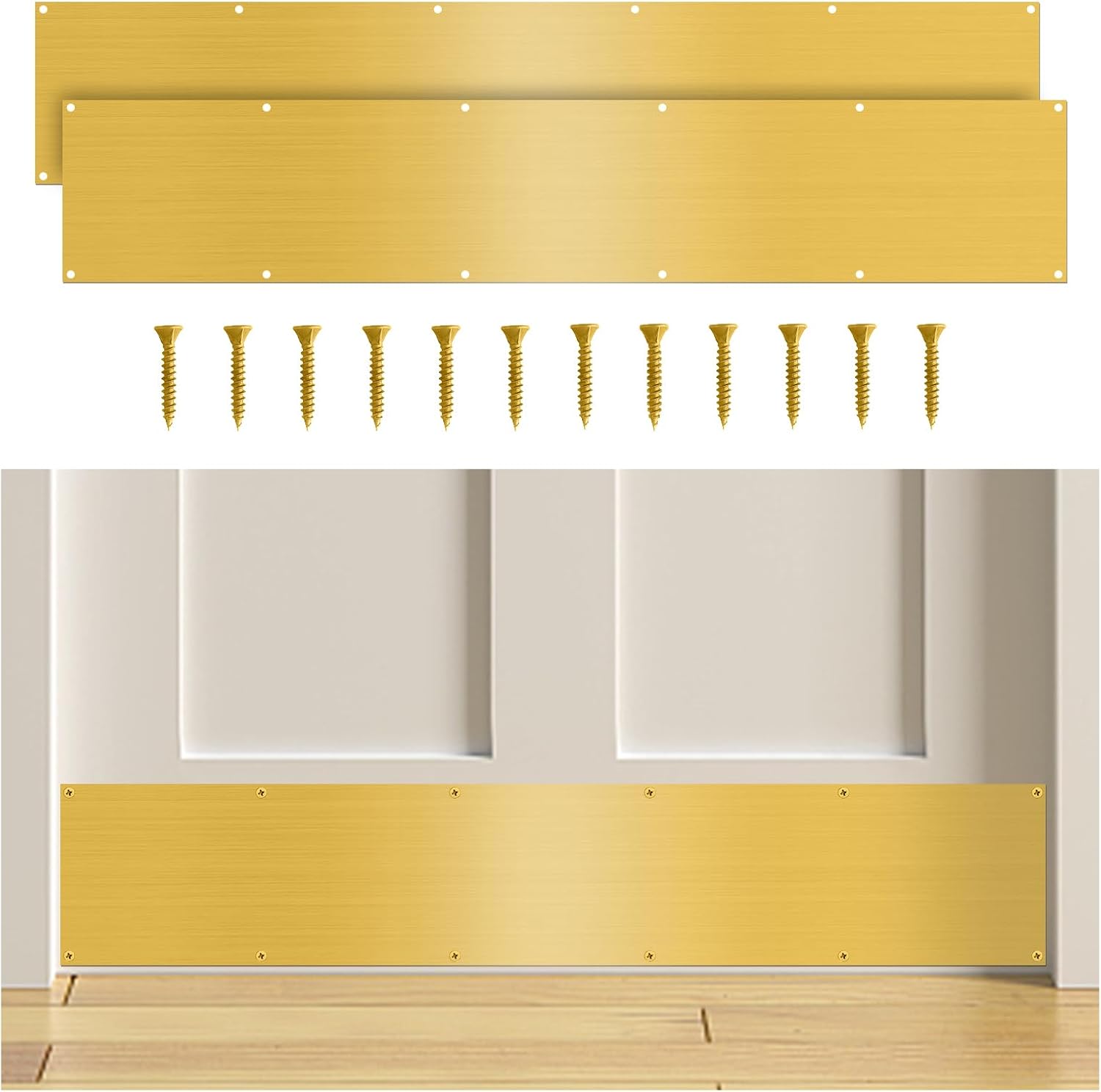 2 Pieces Door Kick Plate for Exterior Door: Mineye 8 X 34 - Kick Plate for Bottom of Door, Front Door Kick Plate with Screws for Interior or Exterior Anti Scratch Door Protection, Gold