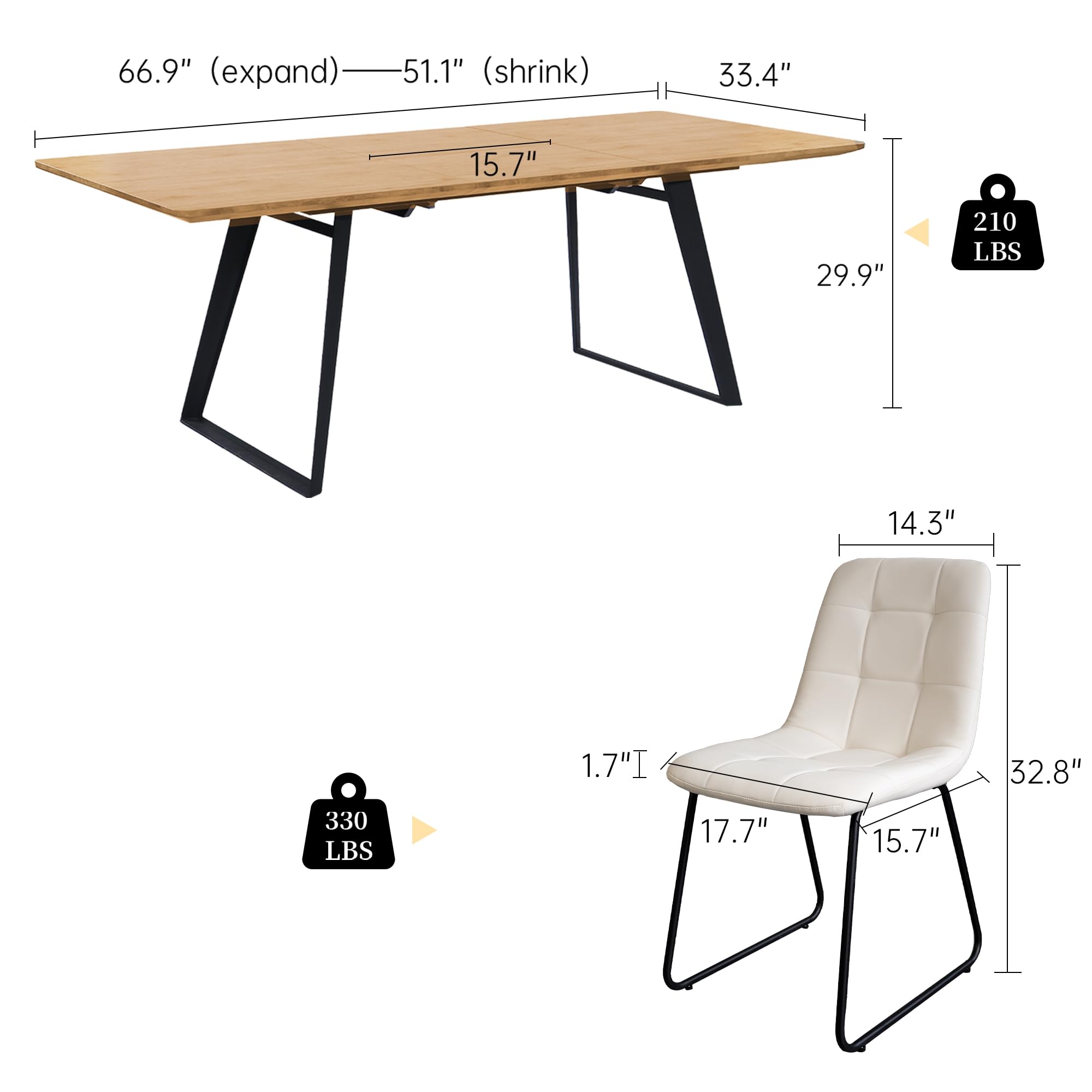 Wysuwany stół do jadalni z 4-6 białymi krzesłami PU regulowany 130-170 cm płyta MDF i solidna metalowa rama, idealne meble do kuchni i jadalni na spotkania rodzinne