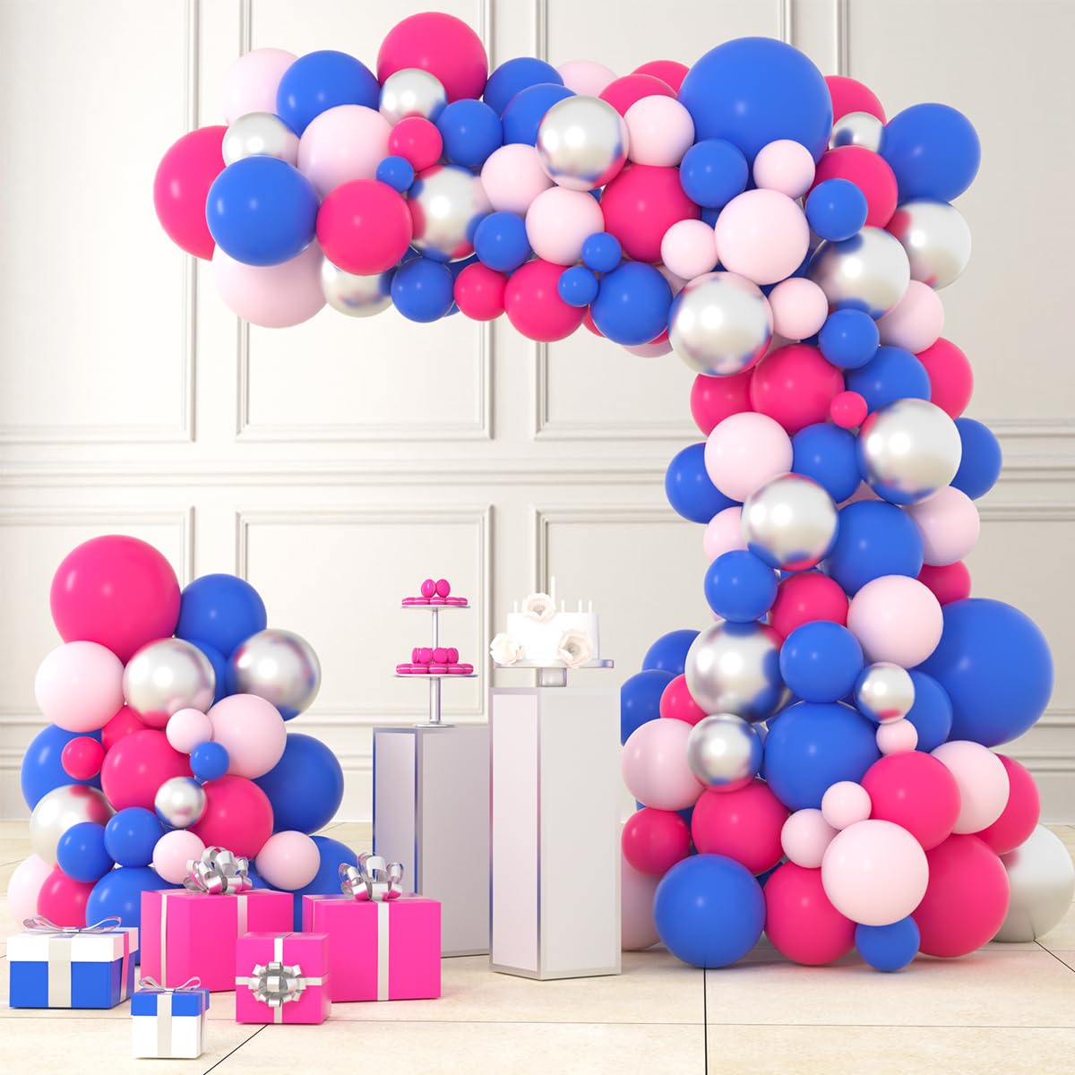 Hot Pink Blue Balloon Garland Arch Kit, 122PCS Pink Silver Royal Blue Balloons for Wedding Engagement Birthday Anniversary Baby Shower Girl or Boy