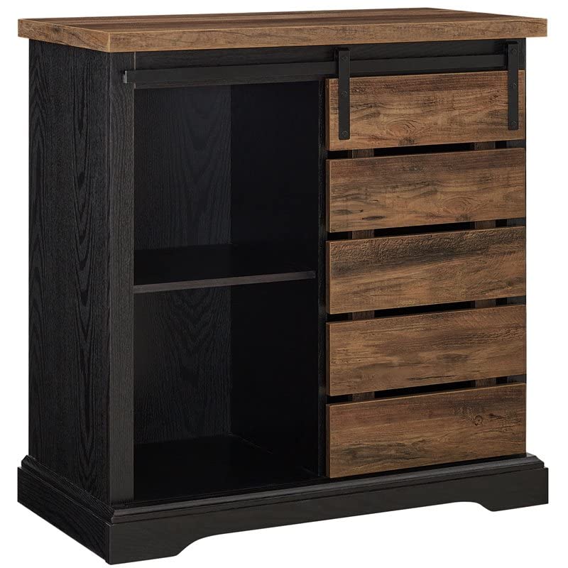 Walker Edison Willa Modern Farmhouse Sliding Slat Door Storage Console, 32 Inch, Black and Rustic Oak