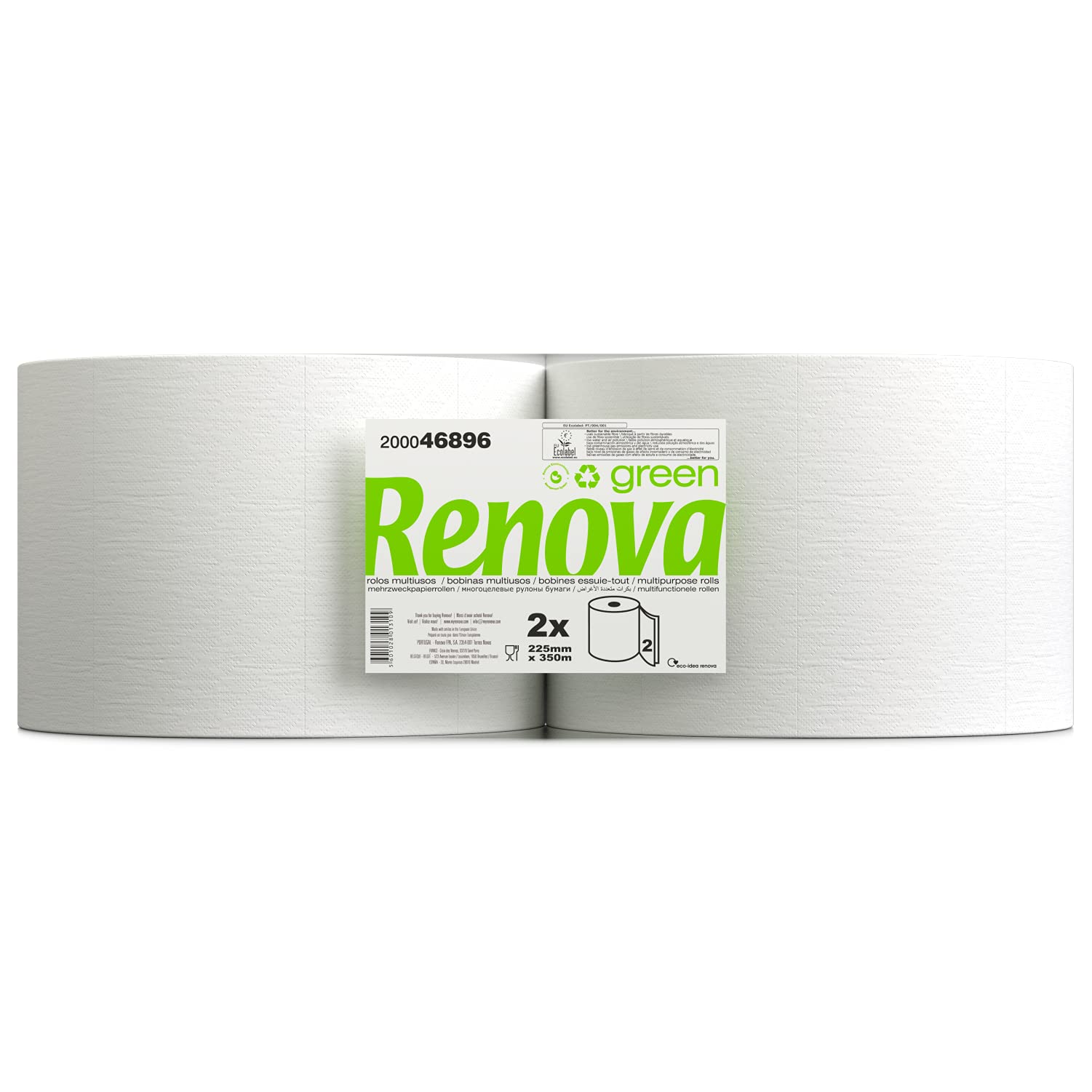Renova Green Bobinas Multiusos | 2 Bobinas de 350 Metros | Papel Blanco 2 Capas | Certificado Ecolabel