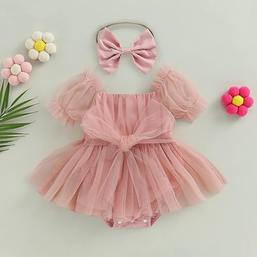 Miniatura 3 de VISGOGO Mameluco para bebé recién nacido, vestido de malla con bordado de flores, manga corta, diadema