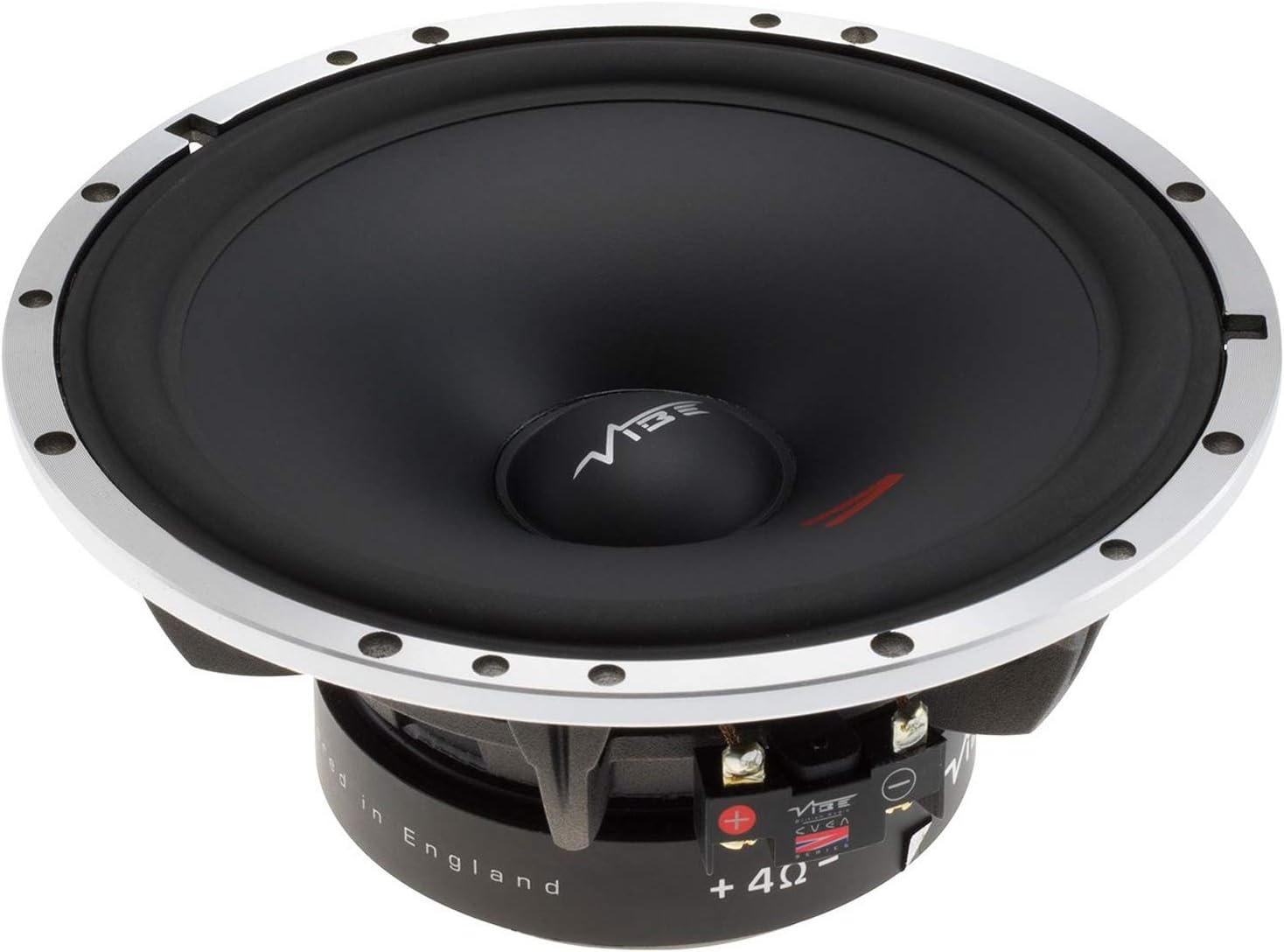 Vinklet view of the 6.5 inch Vibe Audio CVEN woofer showing terminals
