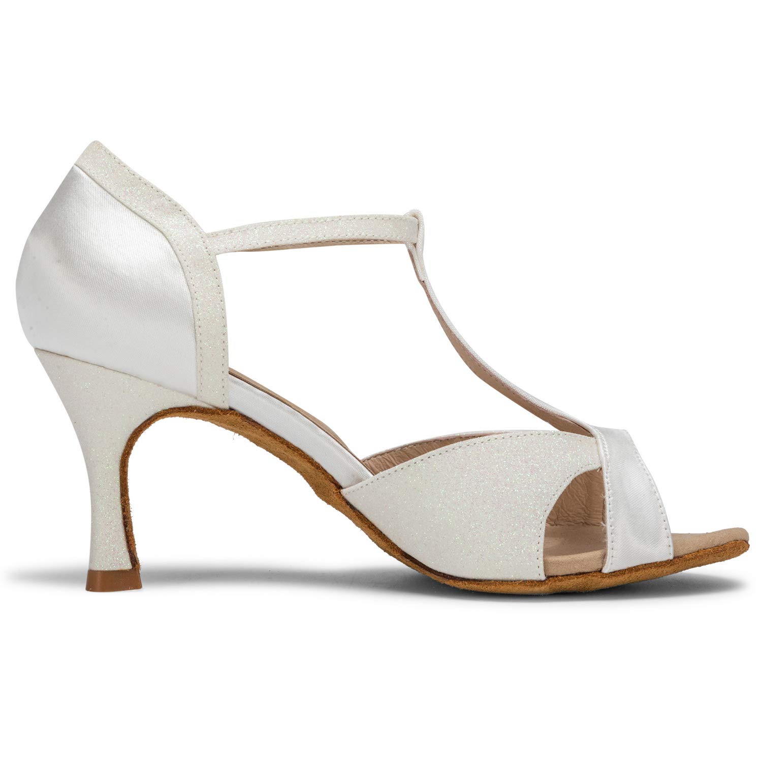 JIAJIA 2055 Sandalias Mujer Tacón Acampanado Súper Satén Con Brillo Brillante Zapatos De Danza Latina, beige