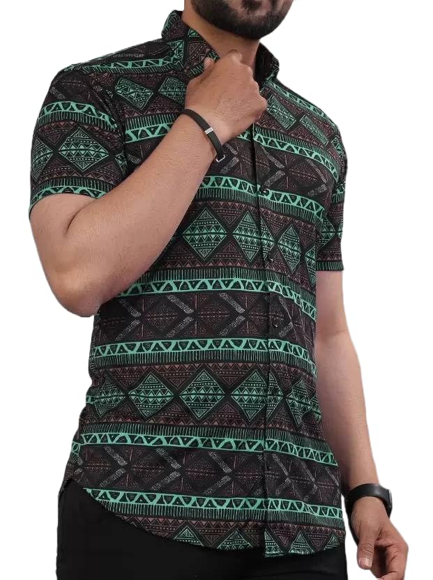 Image of LookMark Men's Trendy Lycra Blend Spread Collar Half Sleeve Printed Shirts - Elevate Your Style with Comfort and Versatility (Pack of 2)