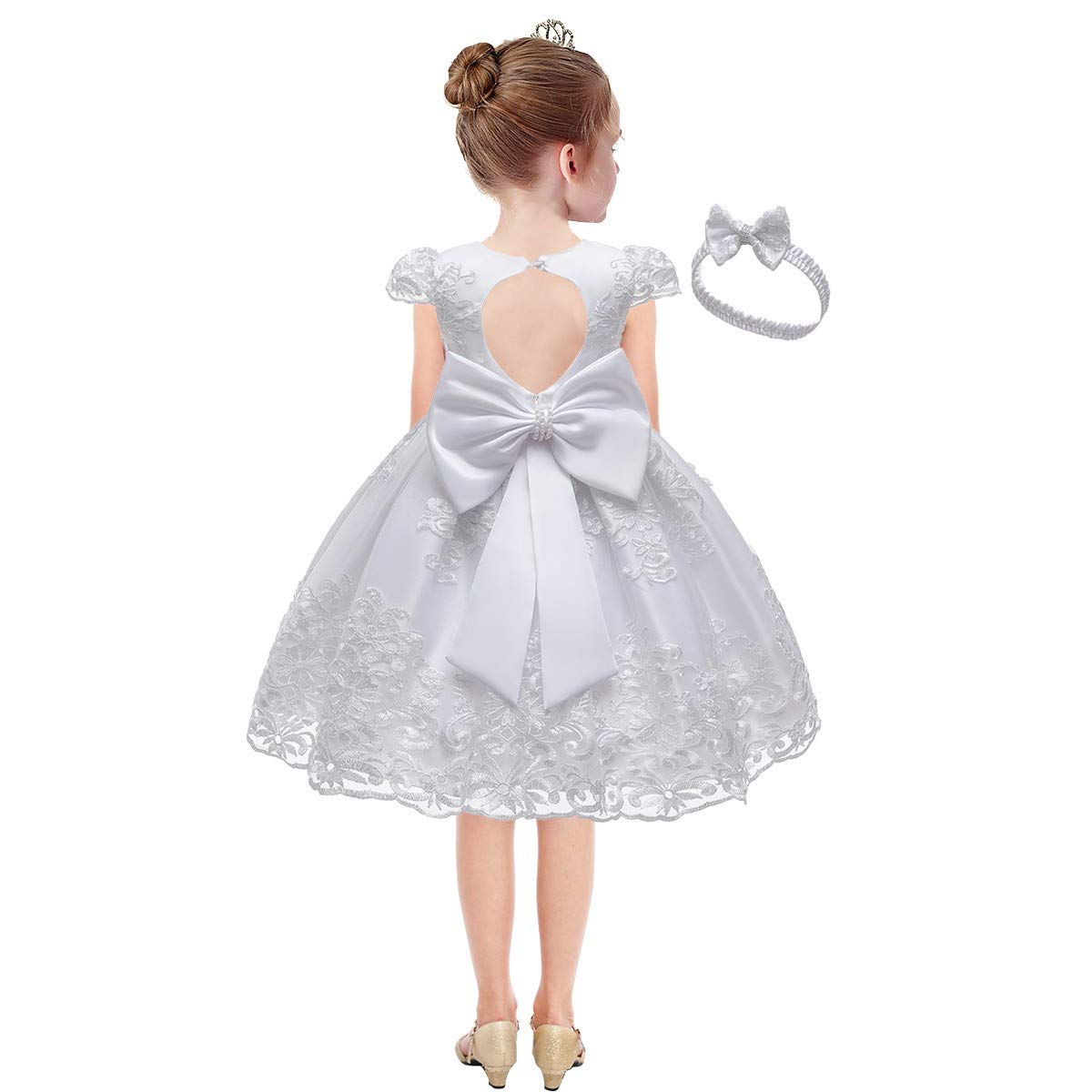HIHCBFBaby Girls Lace Embroidered Bowknot Dress Wedding Birthday Party Baptism Christening Backless Tutu Gown w/Headwear