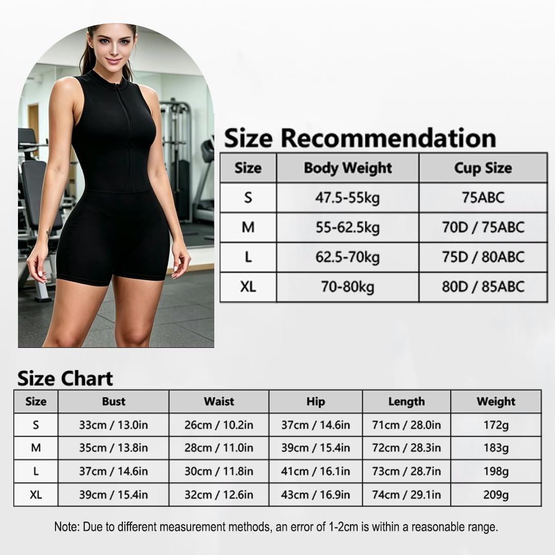 Tuta Corta Donna Schiena Scoperta - Modella Pancia, Solleva Glutei, Zip Frontale, Coppe Rimovibili, 4-Way Stretch per Palestra Yoga