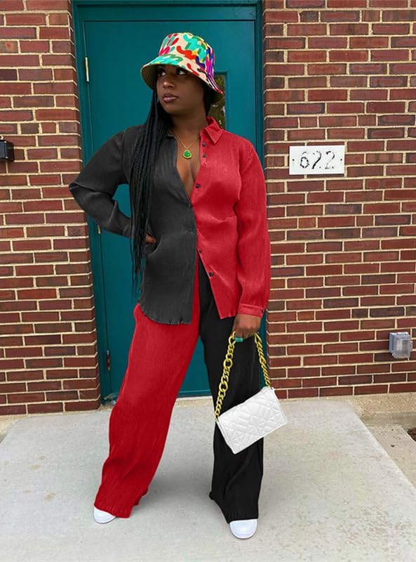 kaimimei Casual 2 Piece Outfit for Women - Linen Long Sleeve Button Down Shirt + Flare Pleated Wide Leg Pants Sets Streetwear - Image 4