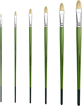 XDT#515 Filbert Artist Paint Brush 6 Piece Set Medium Stiff Hog Bristle Extra Long Handle #1#3#5#7#9#11, Acrylic Oil Watercolor