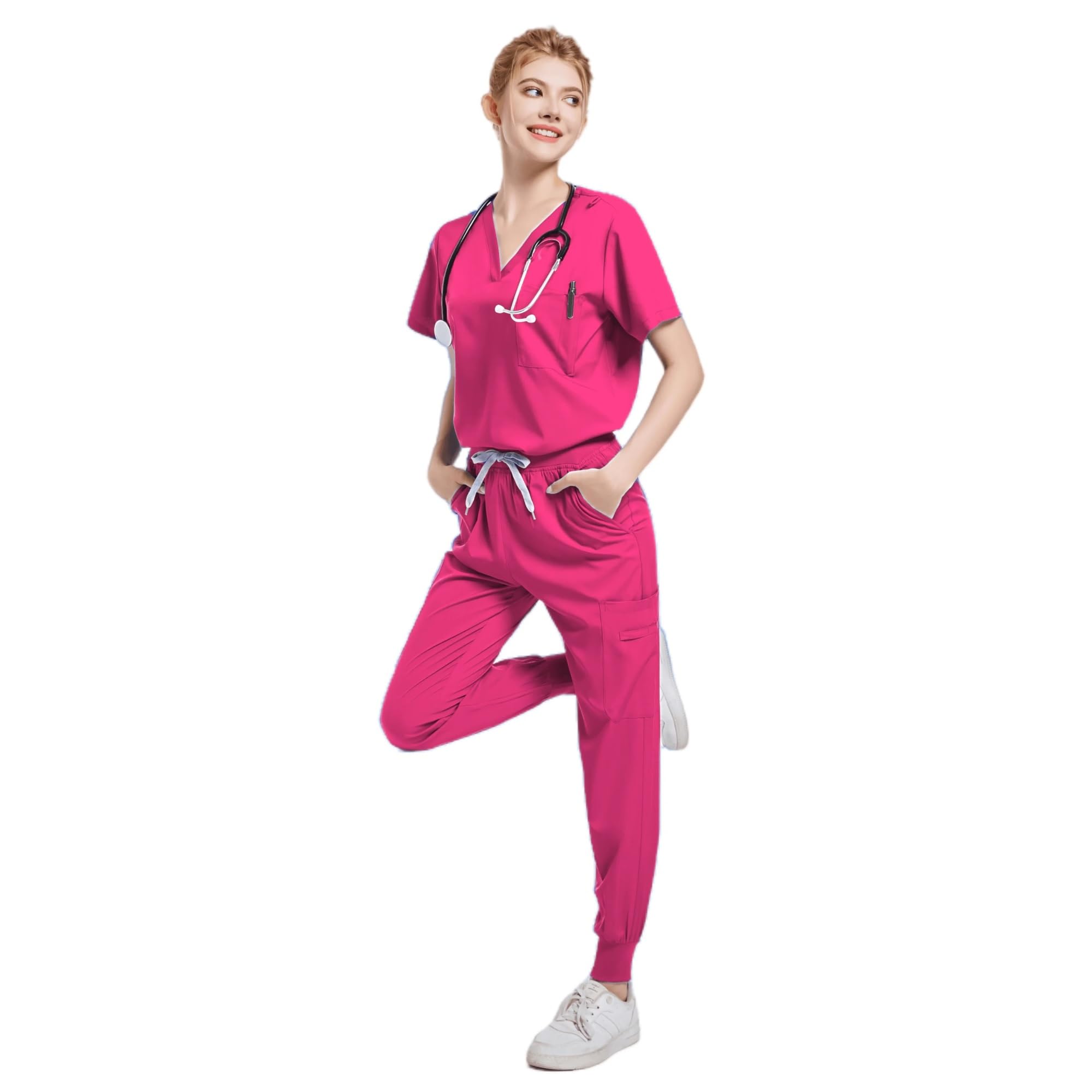 Uniforme Sanitario Mujer Ropa Traje Dividido de Manga Corta Cepillado a Mano Mascota Dentista Enfermera Ropa Trabajo Hombres Cuidado Uniforme(Rose Red,XXL)