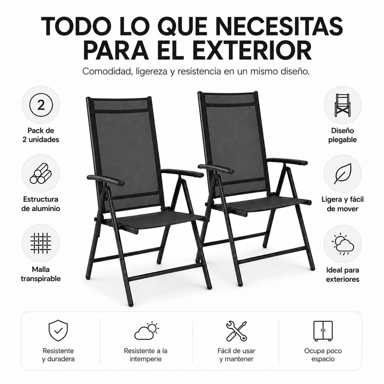 Pack de 2 Sillas Plegables de Jardín con Reposabrazos – Silla con Estructura de Acero Ligero y Tela Mesh Transpirable, Respaldo Alto y Plegable para Terraza, Patio, Jardín y Camping – Color Negro