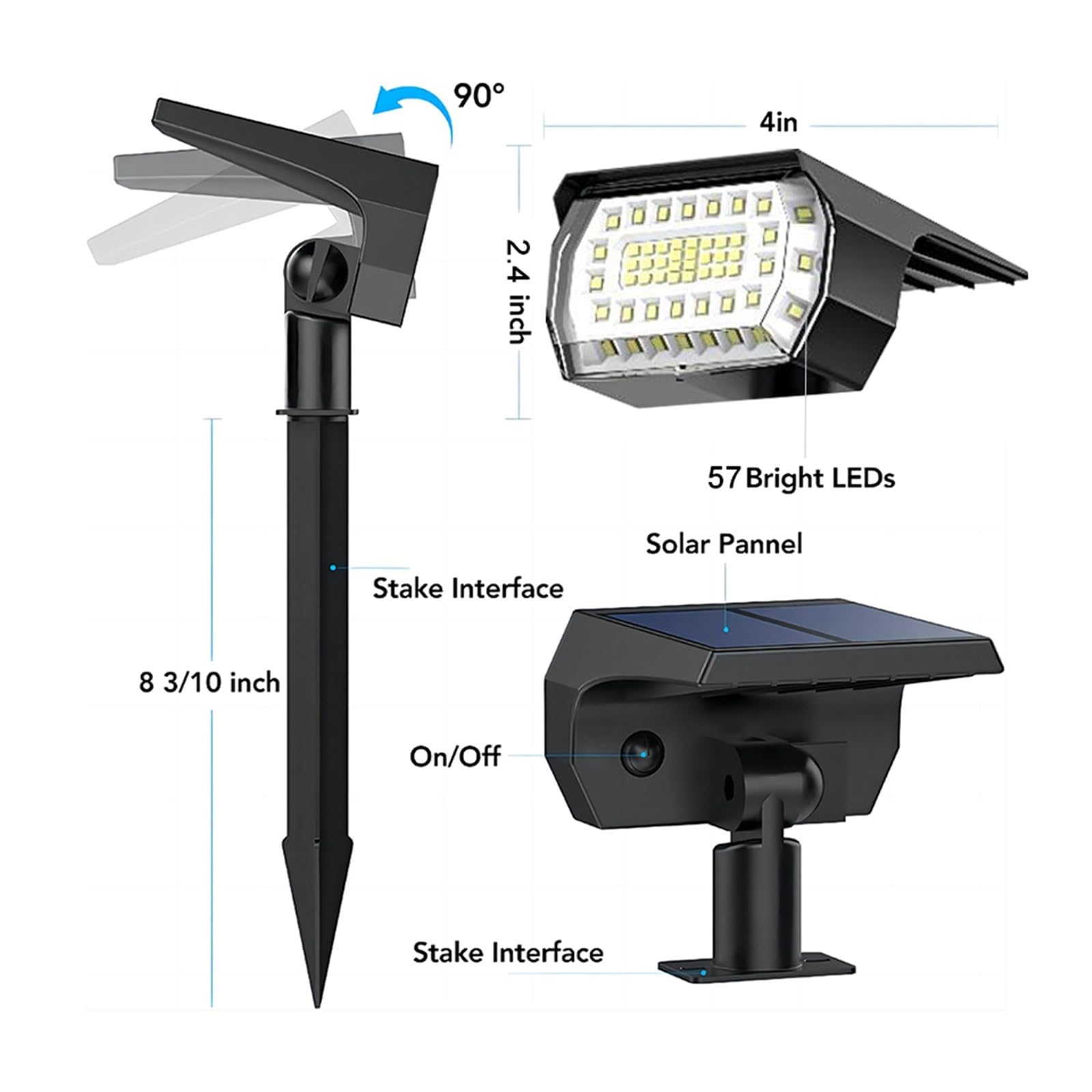 57/52 Focos De Paisaje Solar LED Luces Solares For Exteriores 3 Modos IP65 Lámpara De Pared De Jardín Impermeable Patio Pasarela Decoración De Porche Super Brillante(57 LED-White Light,2PCS)