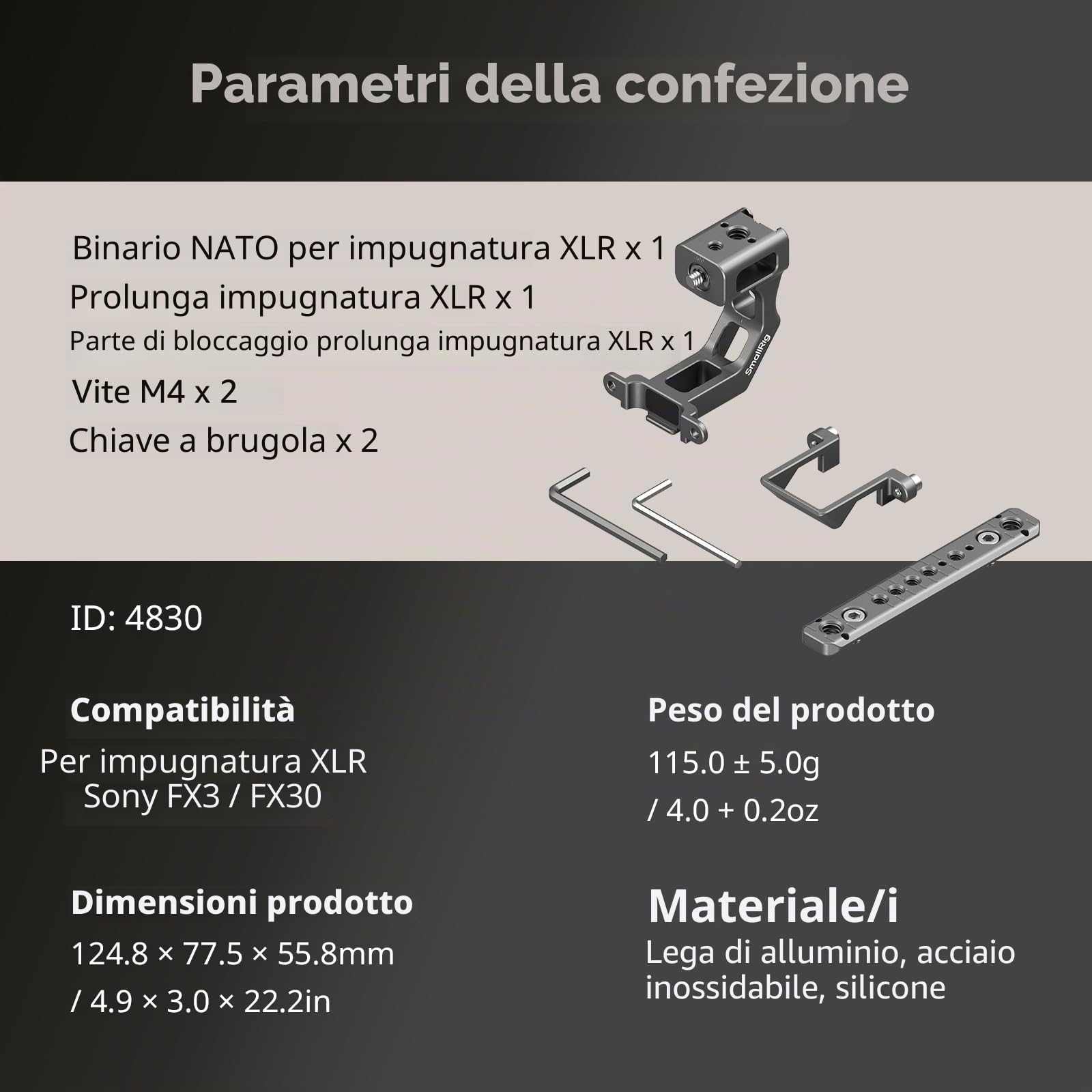 SMALLRIG FX3 / FX30 Kit piastra di montaggio di estensione per Sony FX3 / FX30 XLR Handle con Cold Shoe, Struttura a Sgancio Rapido HawkLock - 4830