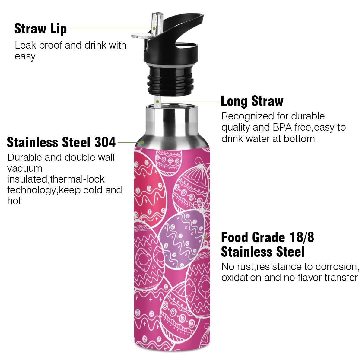 Edelstahl Wasserflasche mit Strohhalm, Ostereier Isolierte Trinkflasche Sport Wasserflasche für Kinder Erwachsene, auslaufsicher, 1L