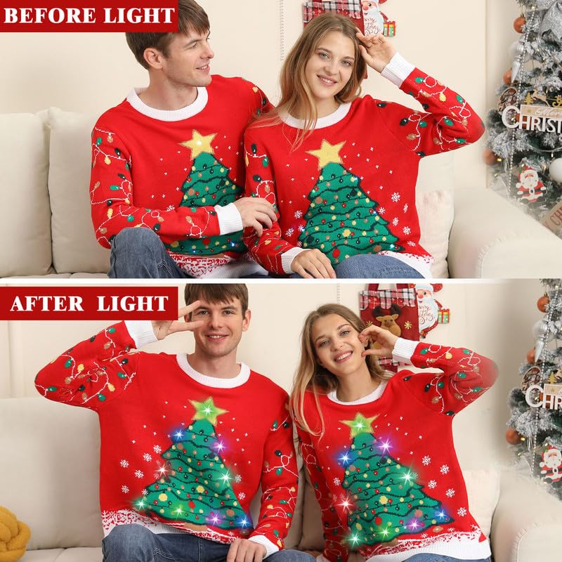 Kouric Maglione Natalizio Donna con Luci, Maglione Natale LED Divertente, Maglioni Natalizi Famiglia Coppia Luminoso Maglioncini di Natale Brutti, Ugly Christmas Sweater per Adulti/Bambina