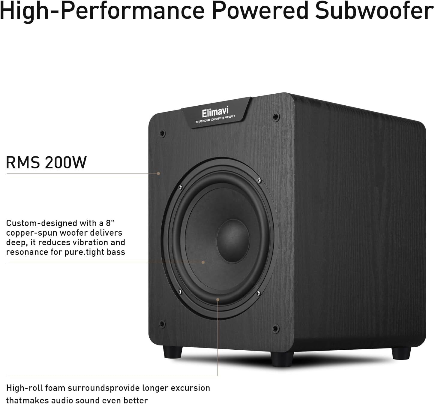 8" Powered Subwoofer Home Audio - 200W Deep Bass for Home Theater - Copper Driver, MDF Enclosure w/Aluminum Radiator - Ideal for Home Surround Sound Systems