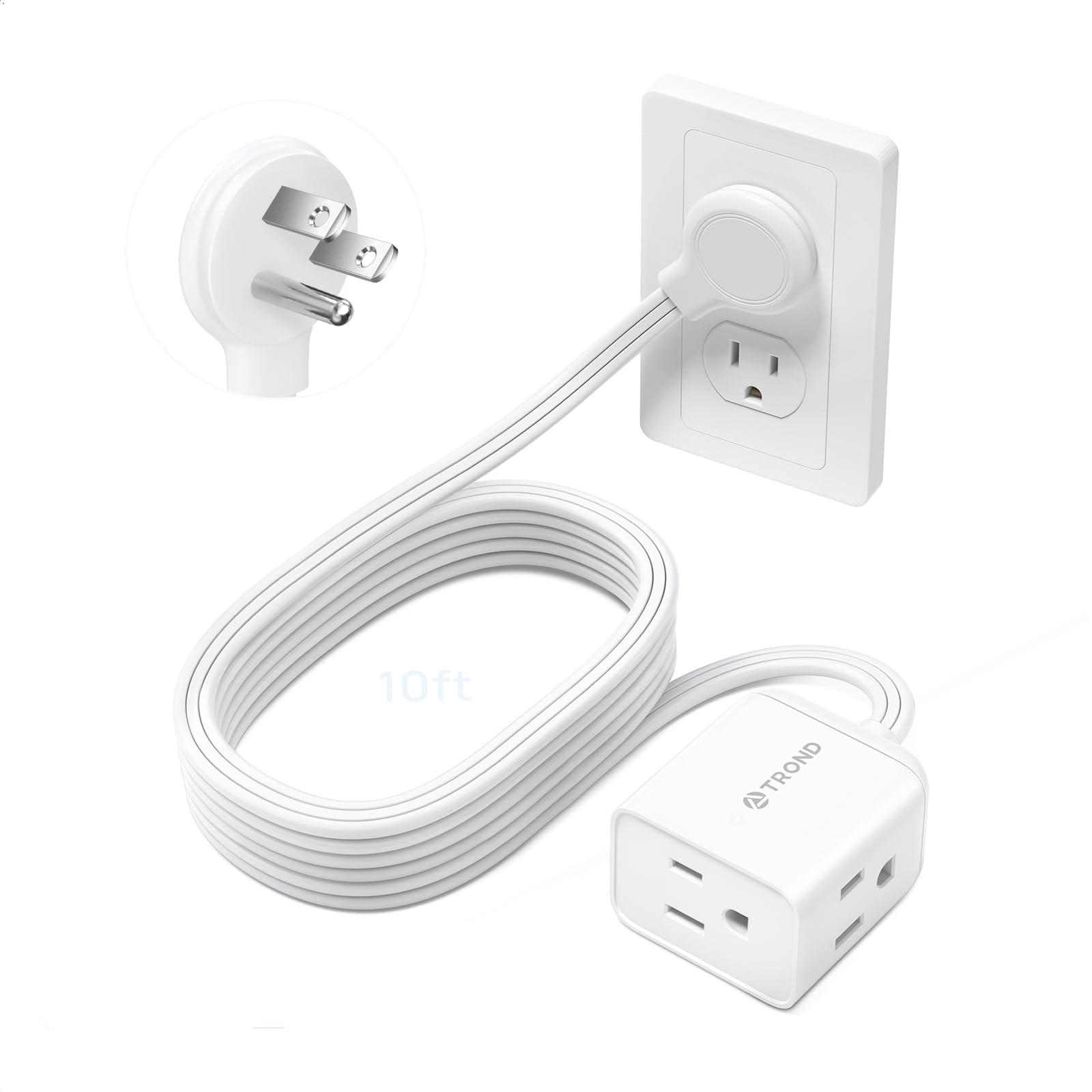 TROND 10ft Long Extension Cord Indoor, Left Angle Ultra-Thin Flat Plug, 3 Sided Multi Plug Outlets, 13 Amps, 1625W, Small Flexible SPT 16/3 Power Bar Cable Splitter, Home Office Dorm Room Essentials