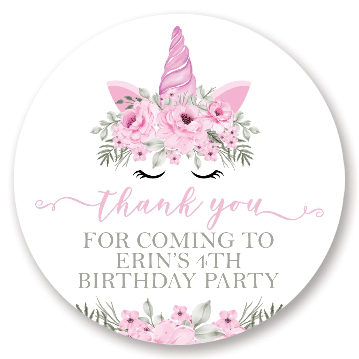 Personalised Floral Unicorn Thank You for Coming to My Birthday Party Stickers/Labels (Personalised 45mm (24 per Sheet))