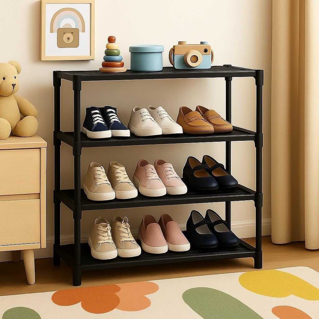 4 Layers Shoe Rack with Shelf, Folding Shoe Rack for Bedroom, Living Room,Entryway, Black,Footwear Stand for Home, ShoeRack Plastic Home Furniture ^ Cabinet Shelves 4 Shelf