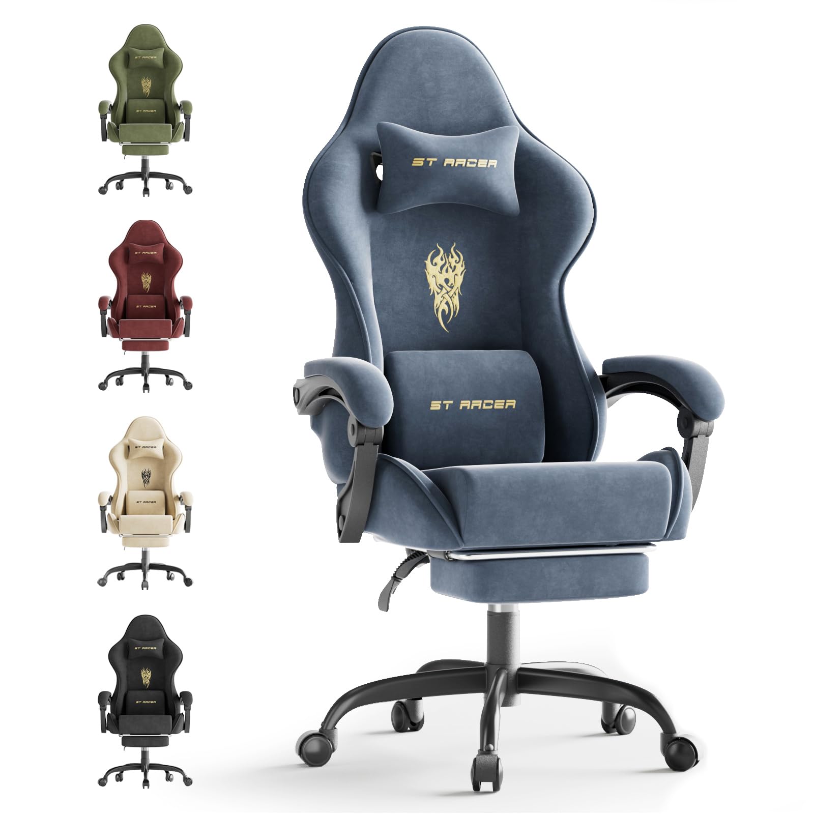 Ferghana Silla Gaming Ergonómica con Masajeador,Silla Gamer de Terciopelo con Soporte Lumbar de Masaje,Reposacabezas,Reposapiés,Silla de Oficina,Silla Ergonómica de PC,Rotación de 360°,Gris